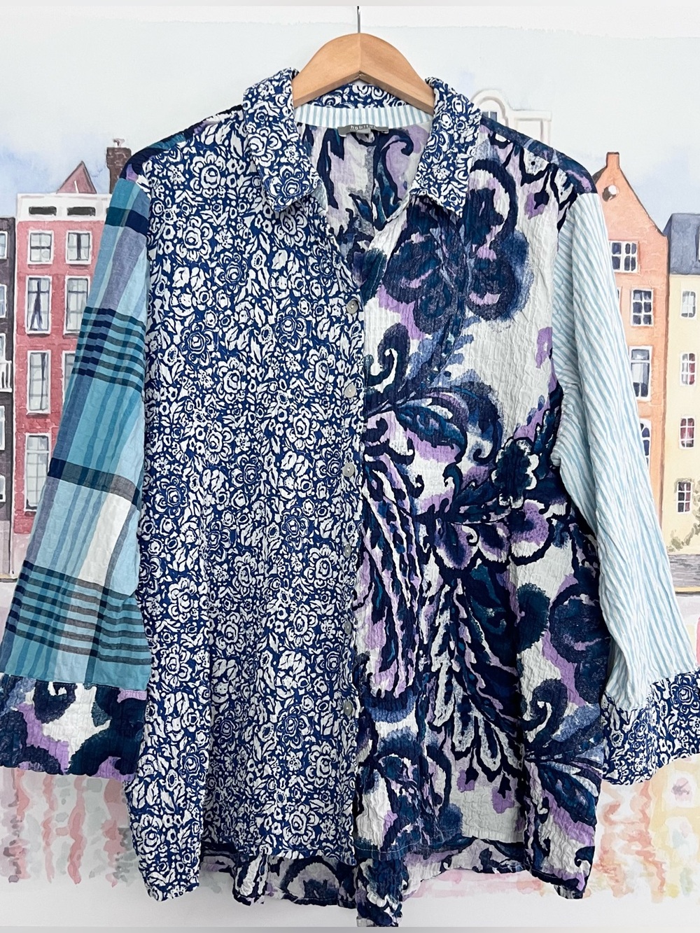 Habitat Crinkle Blue Patchwork Wearable Art  3/4 Split Sleeve Button Down Top LG